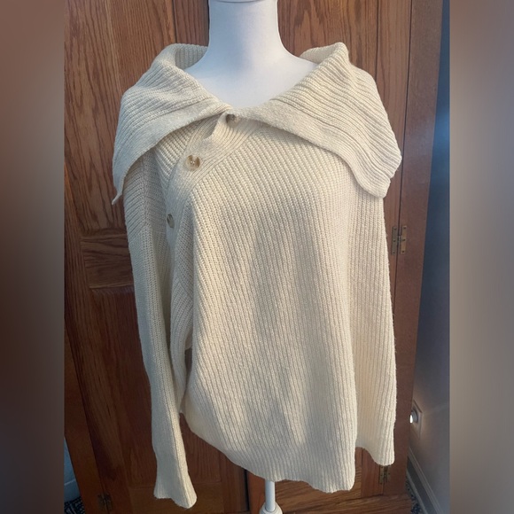 ELOQUII Asymmetrical Button Collar Sweater Cream - Picture 2 of 3